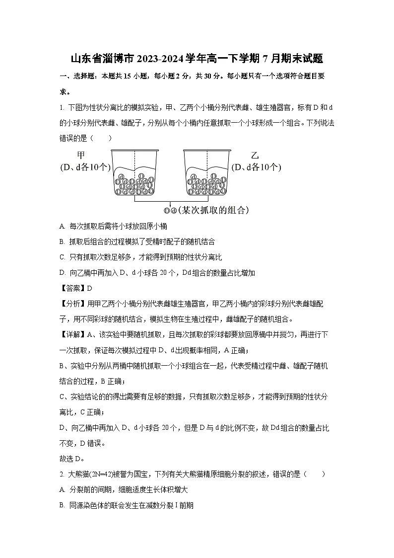 【生物】山东省淄博市2023-2024学年高一下学期7月期末试题(解析版)第1页