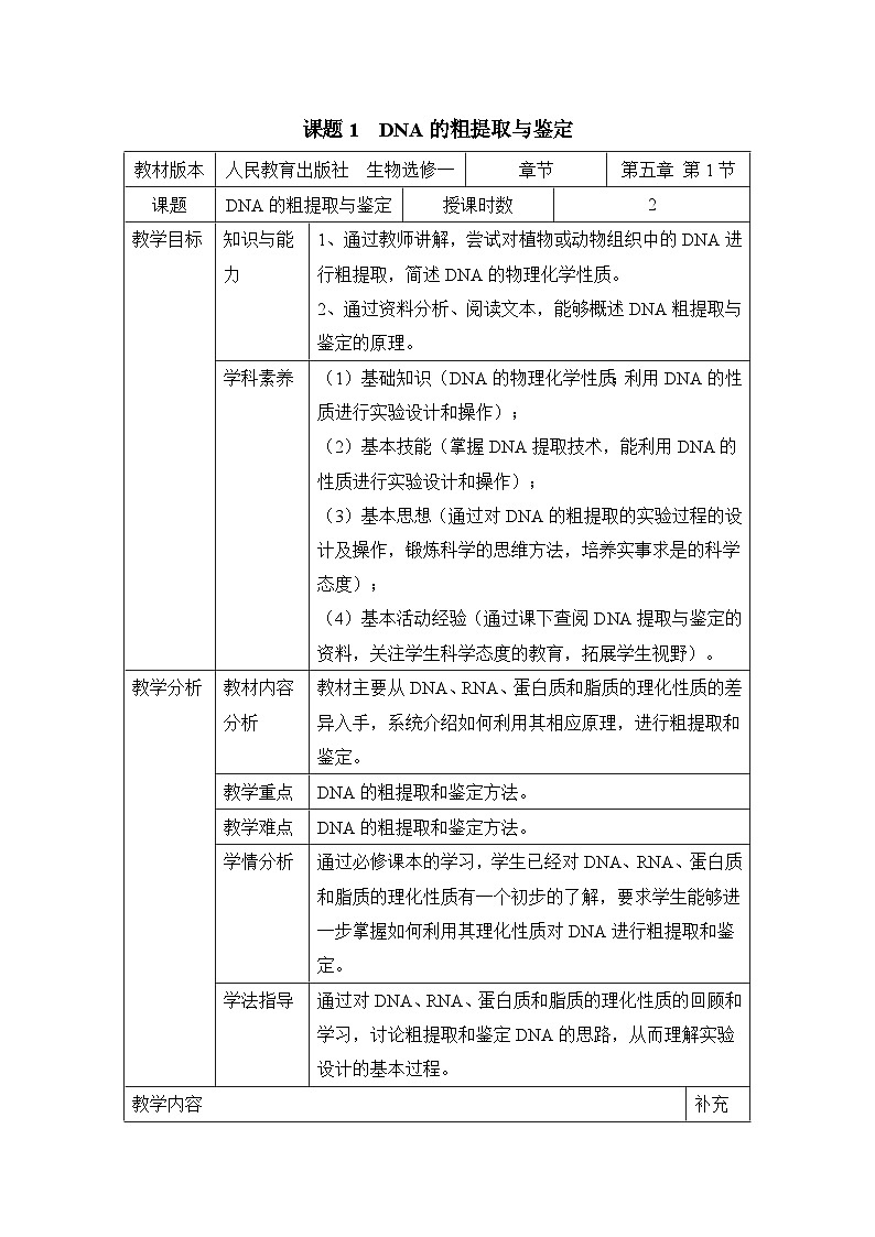人教版 (新课标)高中生物选修1 5-1《DNA的粗提取与鉴定》教案第1页