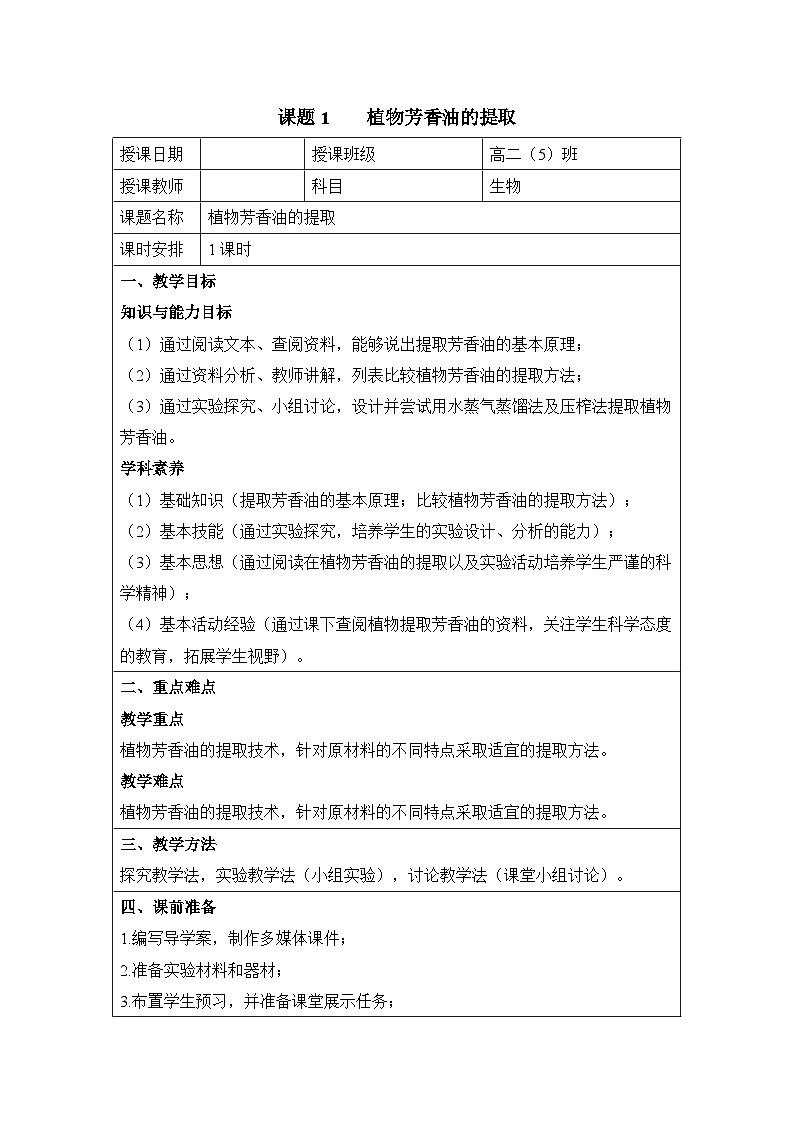 人教版 (新课标)高中生物选修1 6-1《植物芳香油的提取》教案第1页