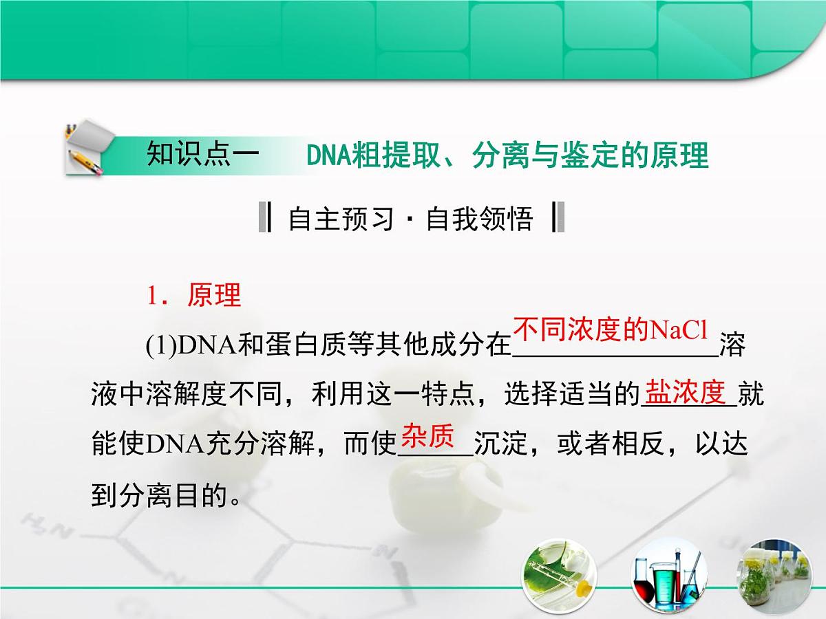 人教版 (新课标)高中生物选修1 5-1《DNA的粗提取与鉴定》复习课件第4页