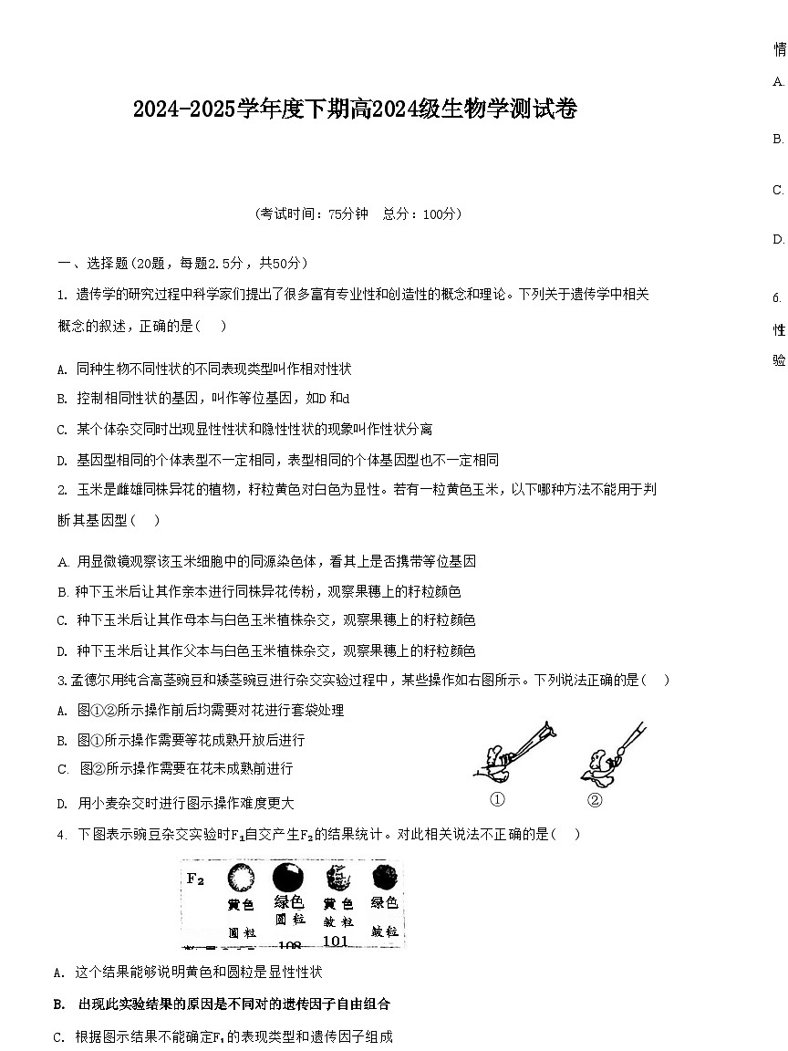生物试卷 【Top10强校】【四川卷】【高一】四川省成都市第七中学2024-2025学年2024级(2027届)高一下学期六月阶段性测试(6.5-6.6)第1页