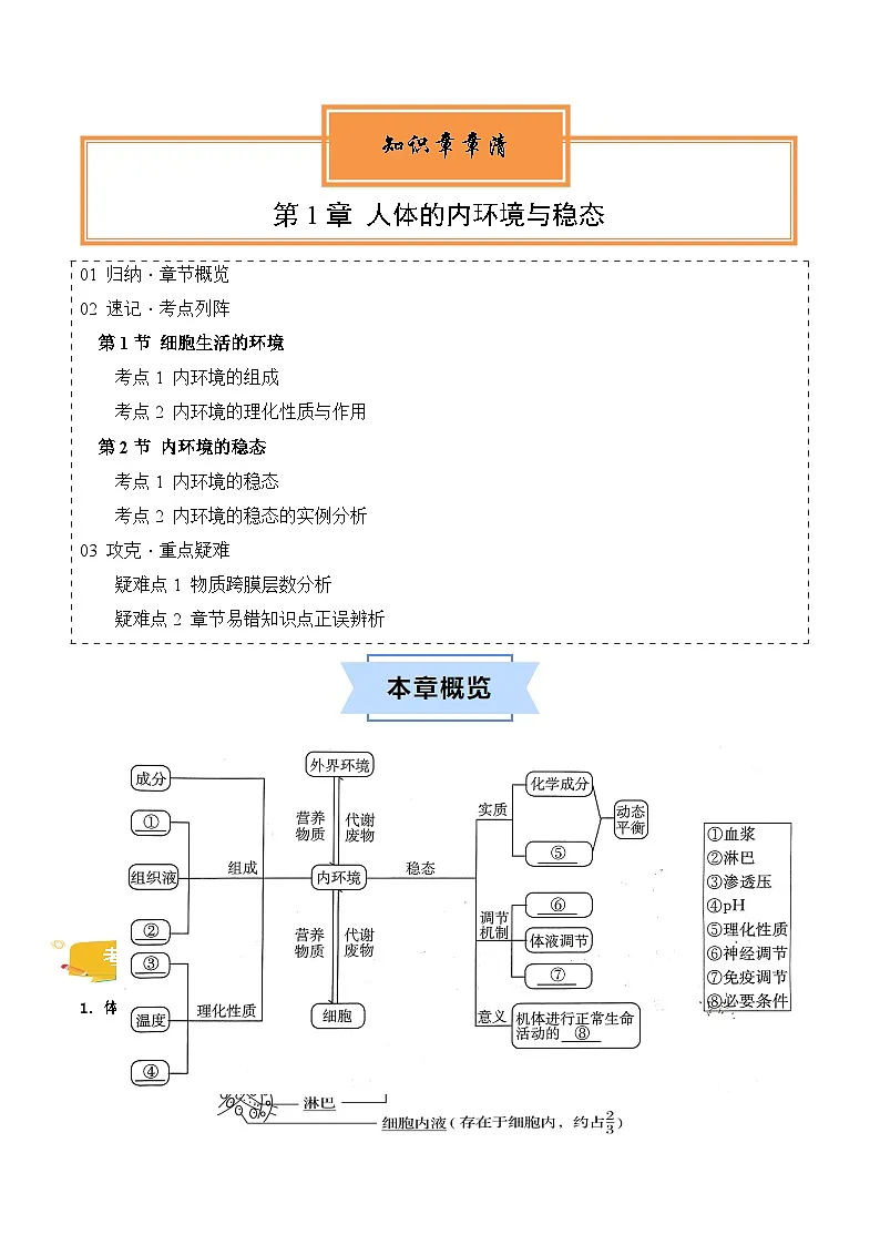 人教版高中生物选修1第1章 人体的内环境与稳态【知识清单】第1页