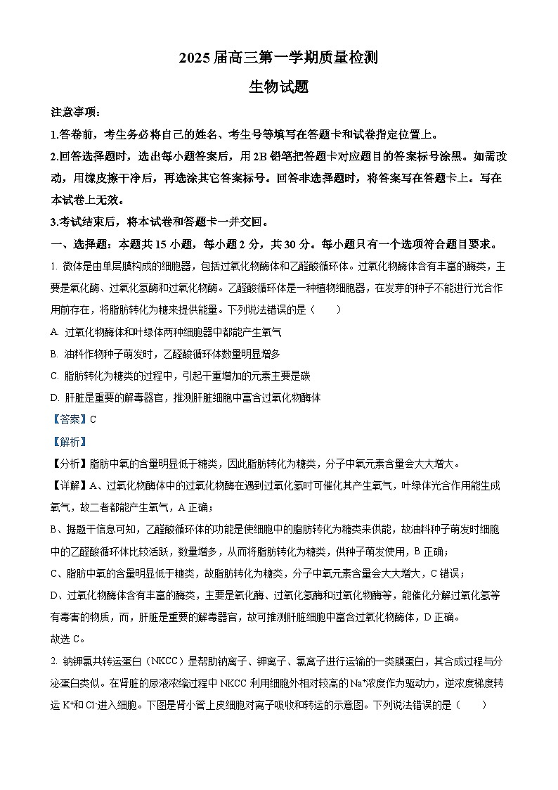 2025屆山東省棗莊市高三第一次模擬考試生物試題 Word版含解析第1頁