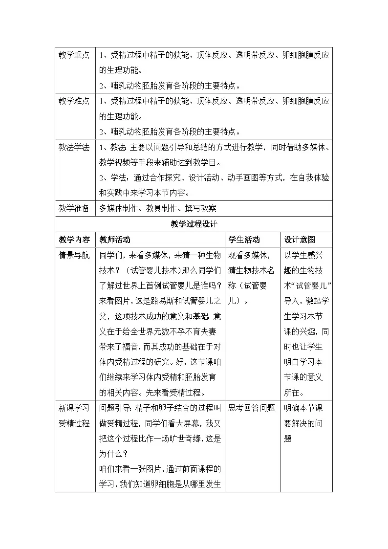 人教版 (新课标)高中生物选修3 3-1《体内受精和早期胚胎发育》(第2课时)表格式教案第2页