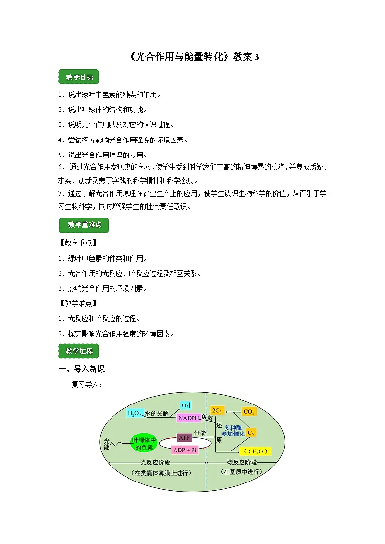 人教版高中生物必修1 5-4《光合作用与能量转化》 第2课时 教案第1页