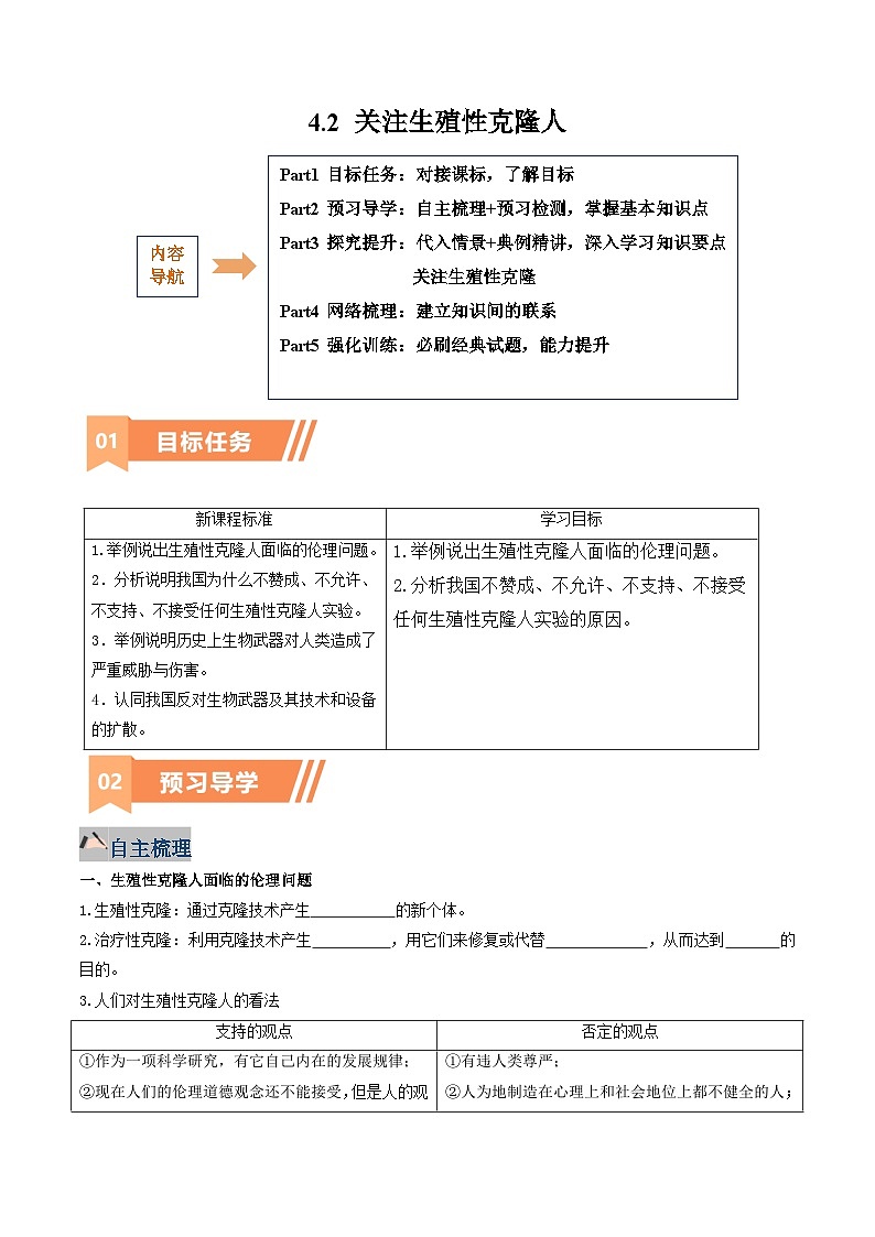 人教版高中生物选修3《4-2 关注生殖性克隆人》学与练 无答案第1页