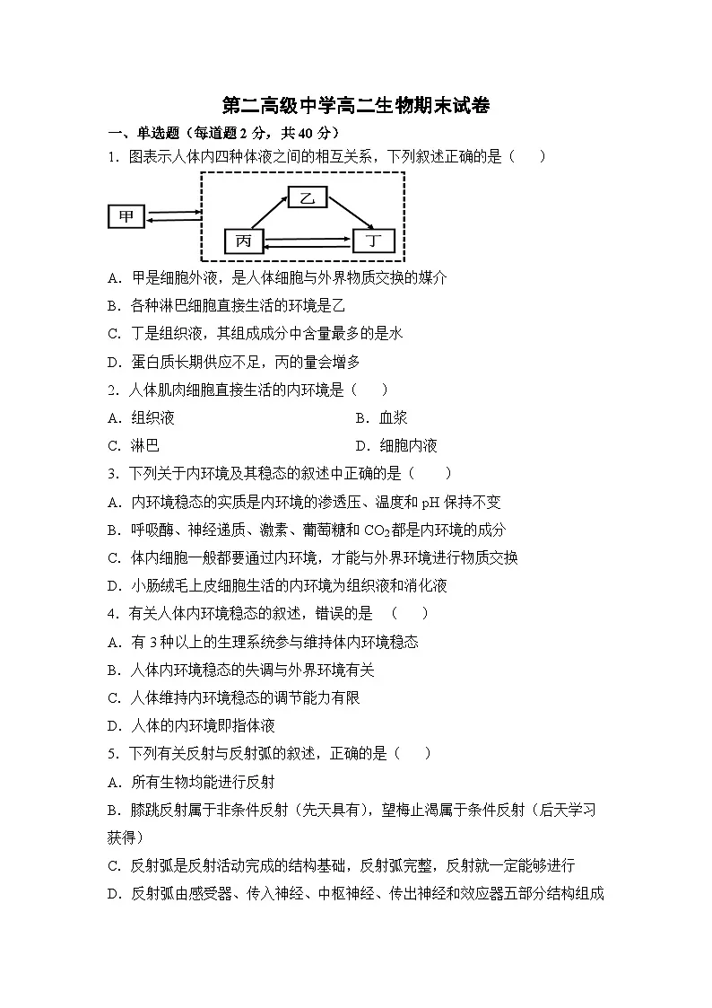 高二上学期期末考试人教版生物试题 无答案第1页