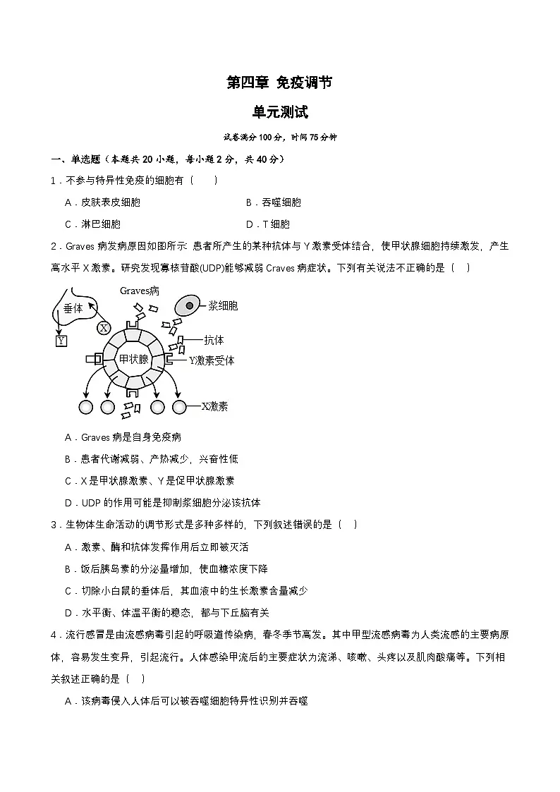 人教版高中生物选修1第四章 免疫调节 单元测试 含答案第1页