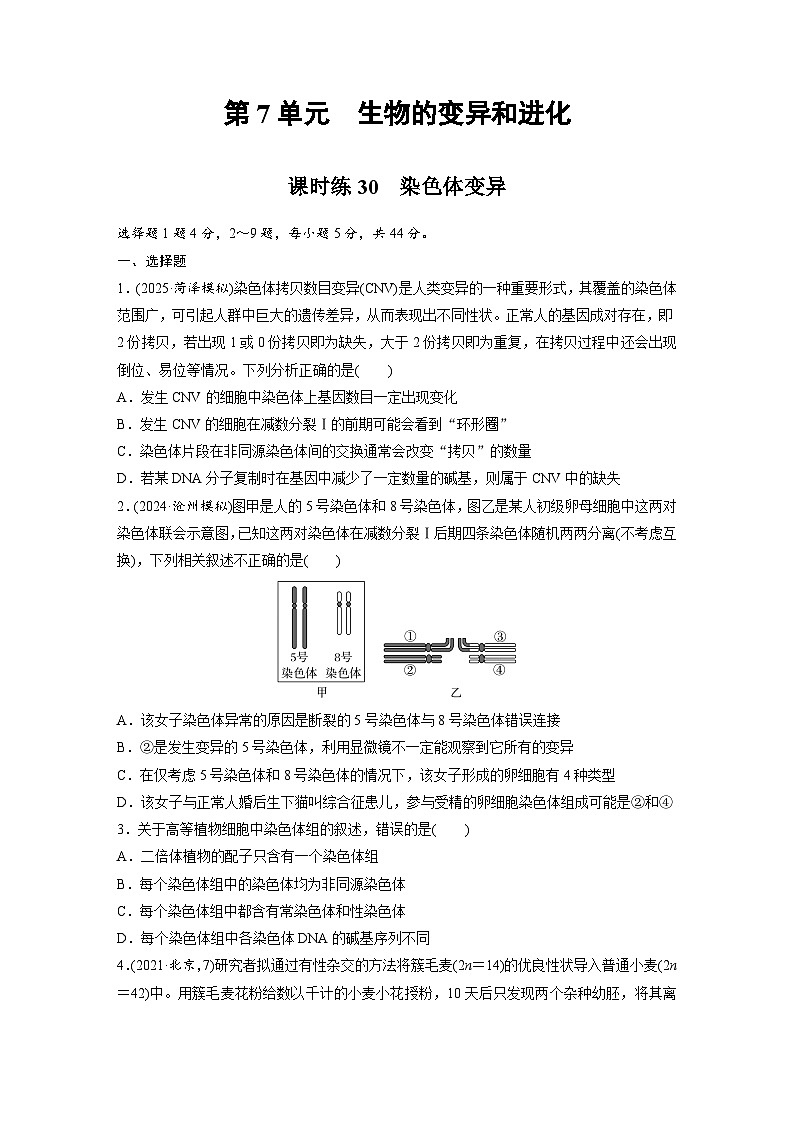【备考2026】高考生物一轮复习资源:第7单元 课时练30 染色体变异(课时精练)(学生版)第1页