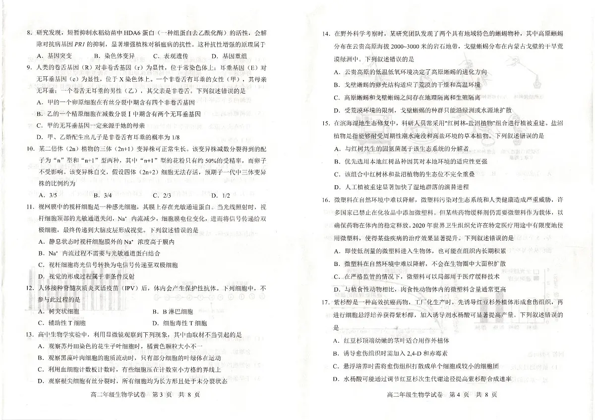 湖北省武昌区2024~2025学年度高二年级期末质量检测生物第2页