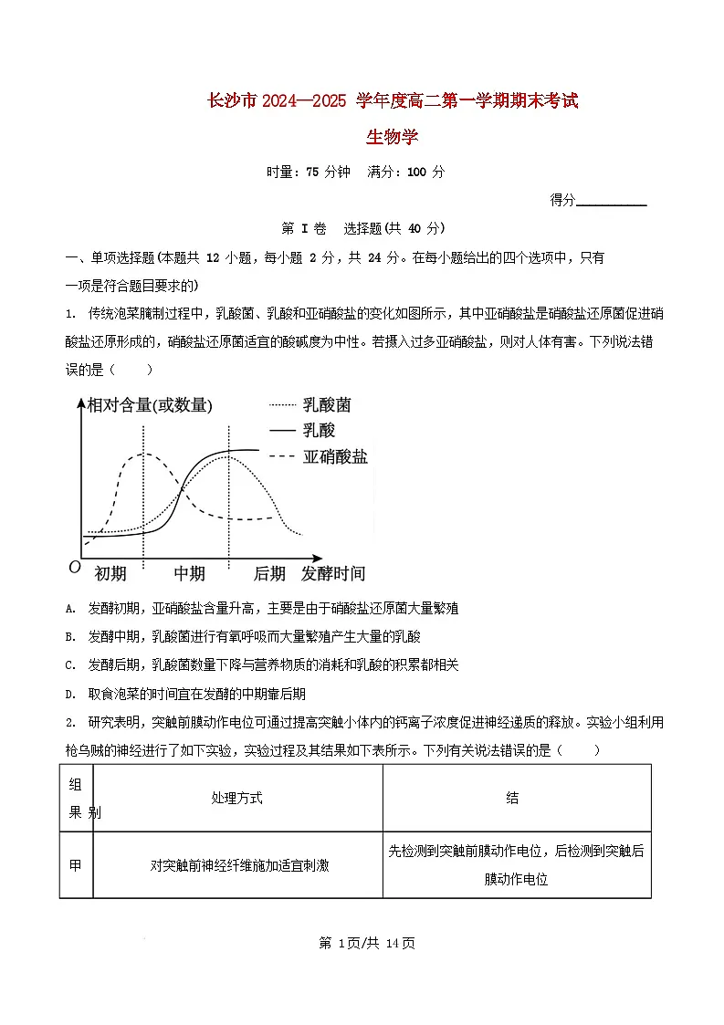 湖南省长沙市2024_2025学年高二生物上学期1月期末试题第1页