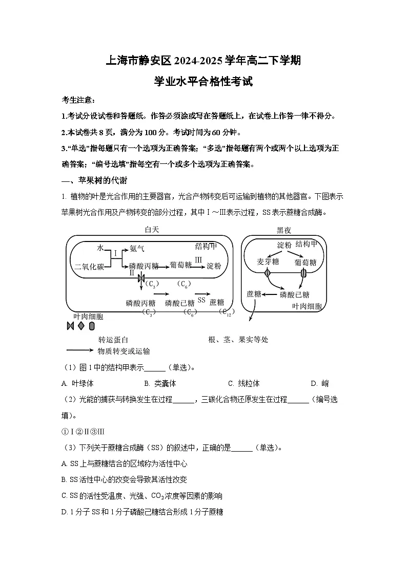 上海市静安区2024-2025学年高二下学期学业水平合格性考试生物试卷(解析版)第1页