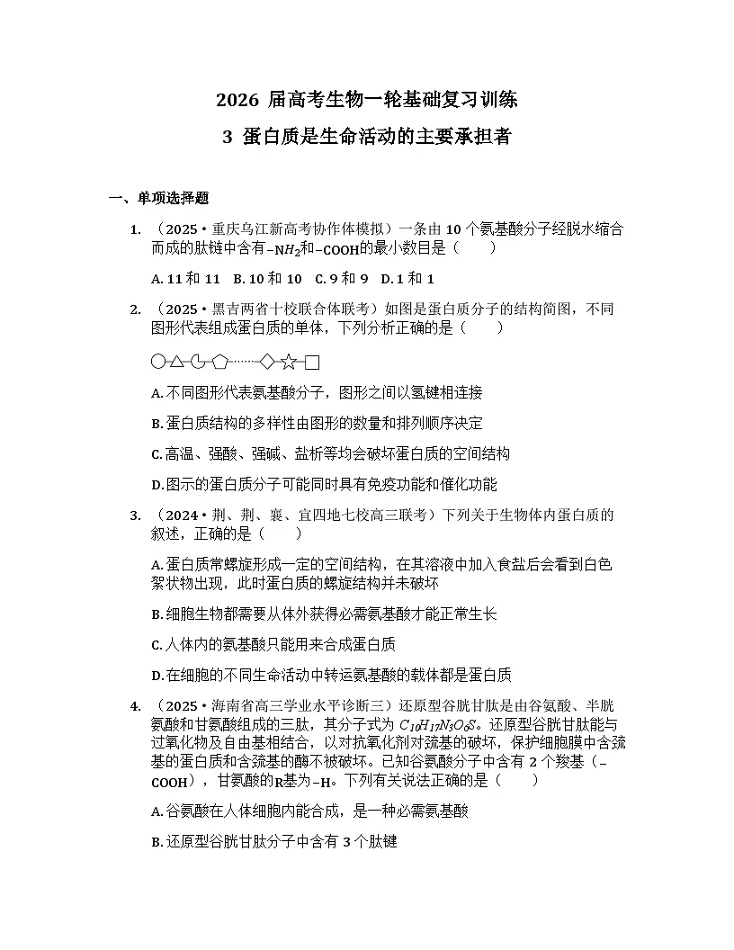 2026届高考生物一轮基础复习训练3 蛋白质是生命活动的主要承担者第1页