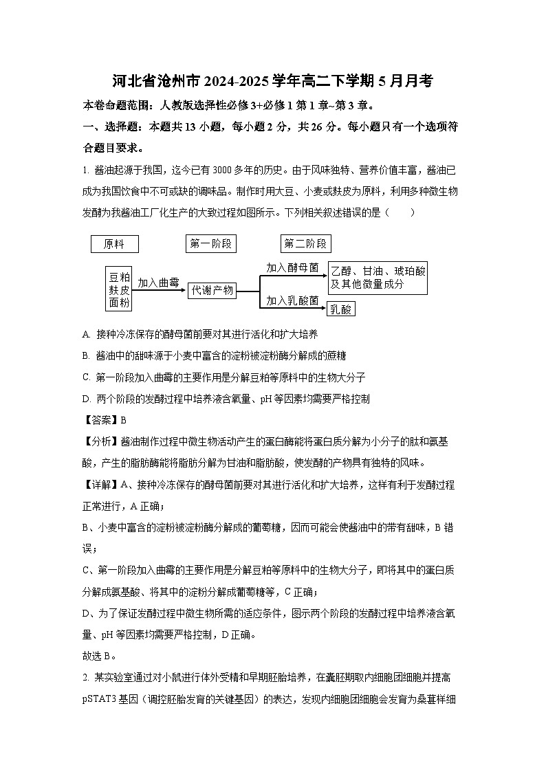 河北省沧州市2024-2025学年高二下学期下5月月考生物试卷(解析版)第1页