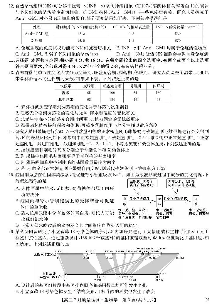 江西省九师联盟2025届高二下学期7月质量检测摸底考-生物试题+答案(N)第3页