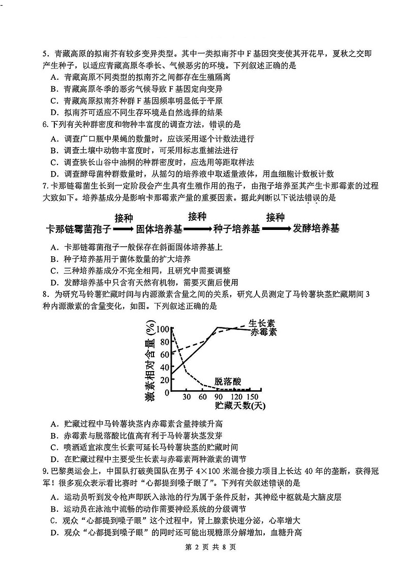 2025年2月浙江G12名校协作体高三下学期开学考-生物试卷(含答案)第2页