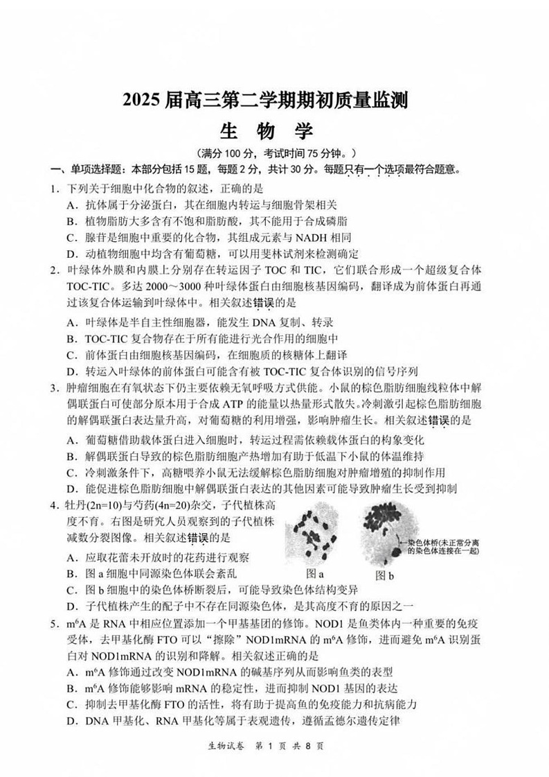 江苏省2025届高三基地大联考下学期2月试题-生物试卷(含答案)第1页