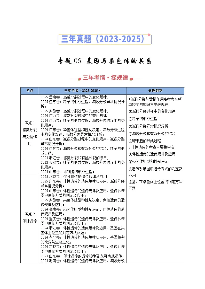三年(2023-2025)高考生物真题分类汇编:专题06 基因与染色体的关系(全国通用)(原卷版)第1页
