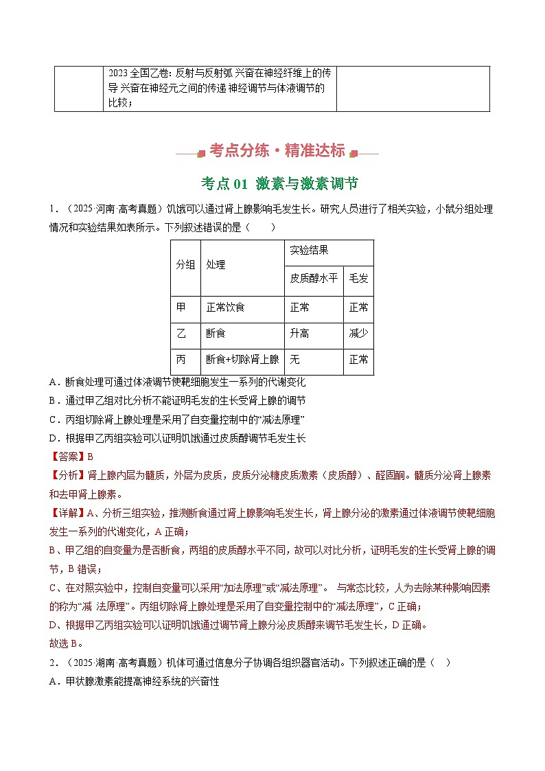 三年(2023-2025)高考生物真题分类汇编:专题11 体液调节(全国通用)(解析版)第3页
