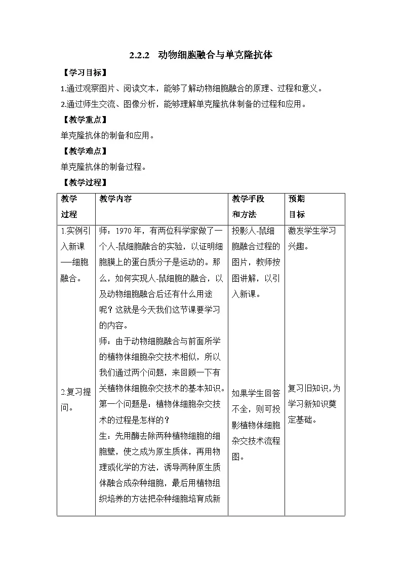 人教版 (新课标)高中生物选修3 2-2.2《动物细胞融合与单克隆抗体》表格式教案(二)第1页