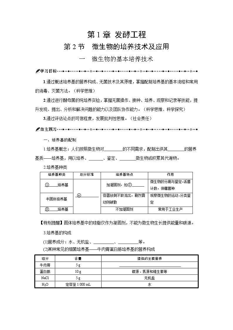 第1章 第2节一微生物的基本培养技术 学案-2024-2025学年高二下学期生物人教版选择性必修3第1页