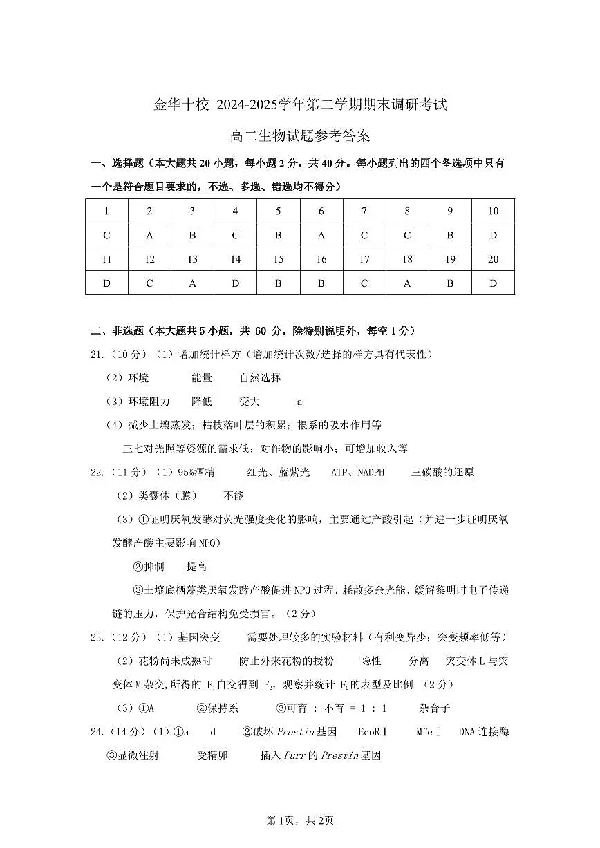 金华十校2024-2025学年第二学期期末调研考试 生物答案.pdf第1页