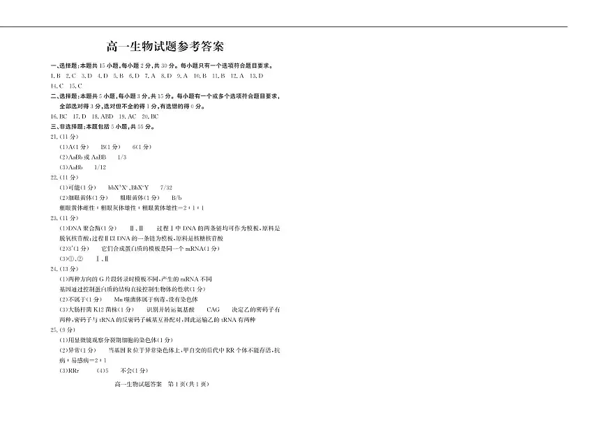 高一生物—答案第1页