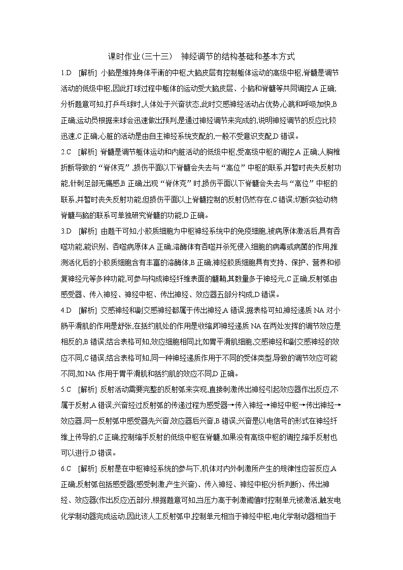 36 课时作业(三十三) 神经调节的结构基础和基本方式 【答案】【作业手册】第1页