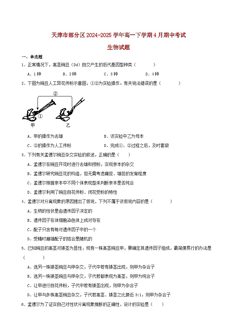 天津市部分区2024_2025学年高一生物下学期期中练习第1页