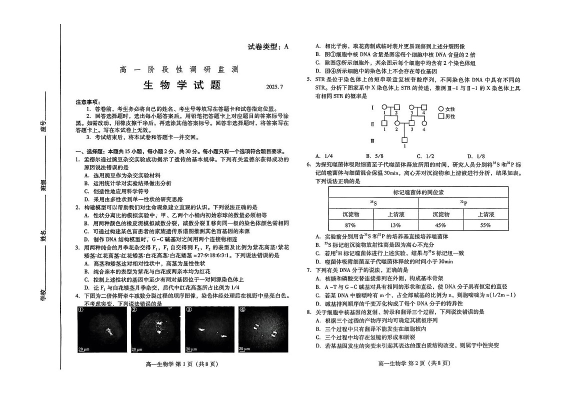 山东省潍坊市2024-2025学年高一下学期期末考试 生物试卷第1页