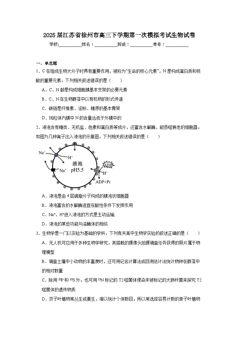 2025届江苏省徐州市高三下学期第一次模拟考试生物试卷(附答案解析)第1页