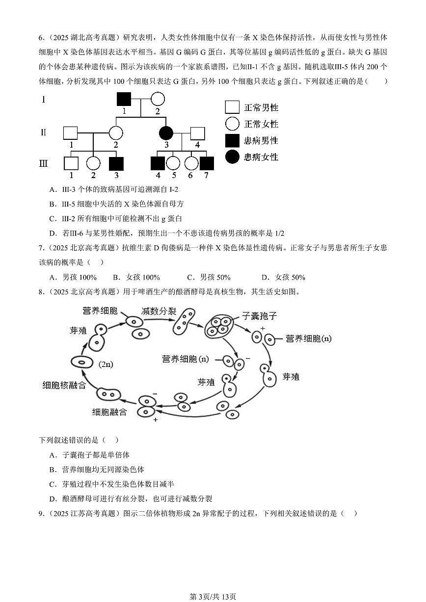 2025全国高考真题生物汇编:基因和染色体的关系章节综合 有答案解析第3页