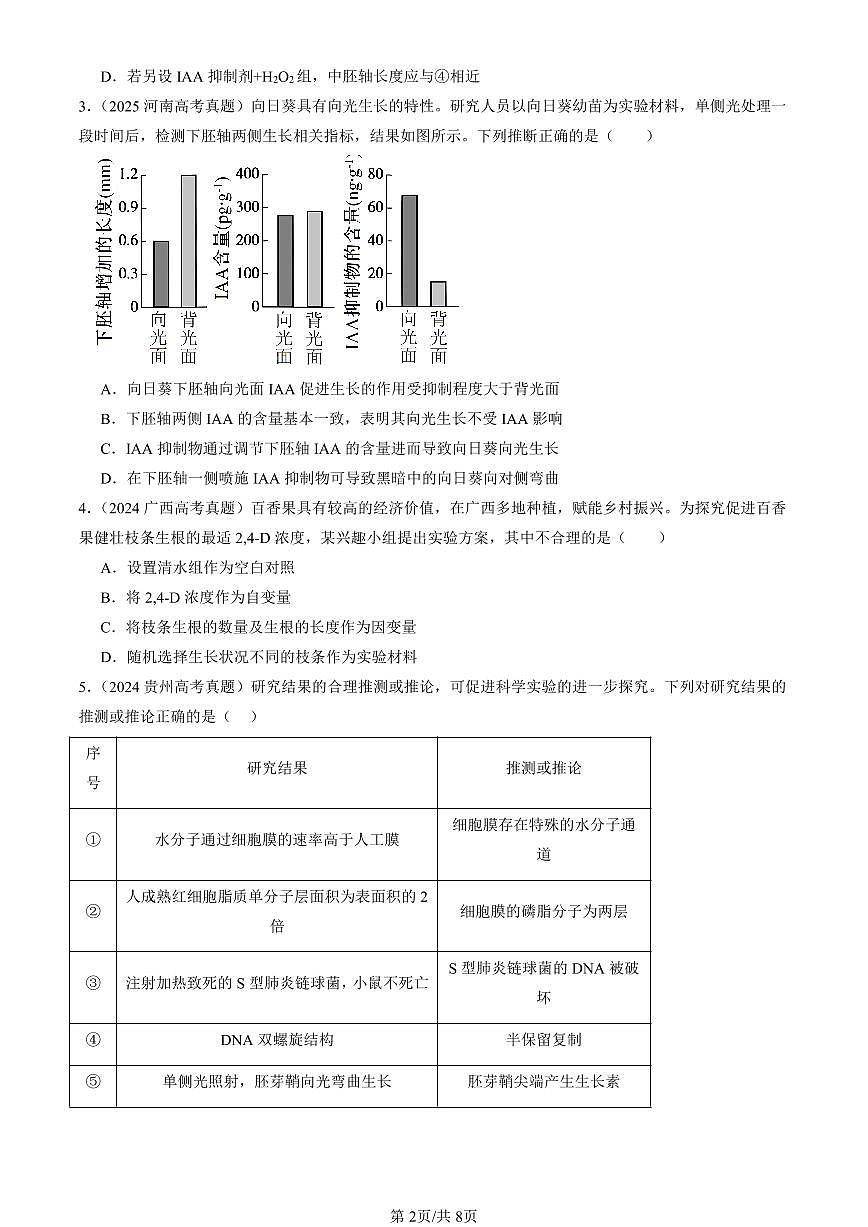 2023-2025全国高考真题生物汇编:植物生长素 有答案解析第2页