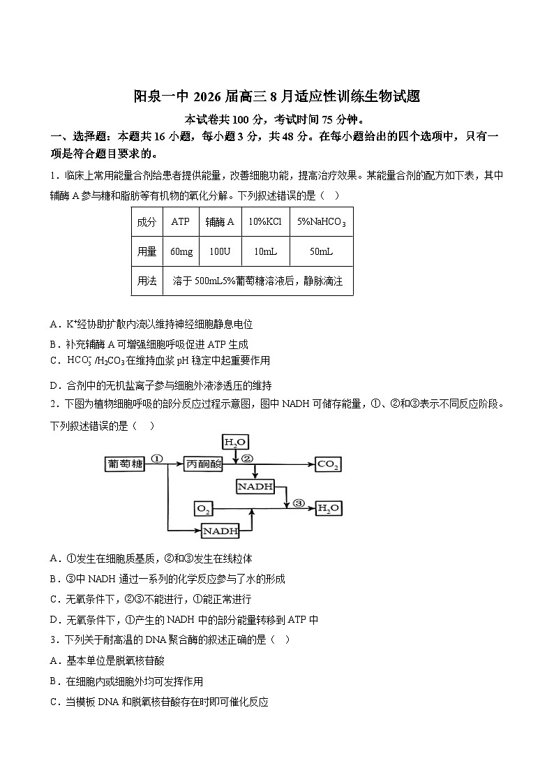 山西省阳泉市第一中学2026届高三上学期8月适应性训练(开学)生物试卷(Word版附答案)第1页