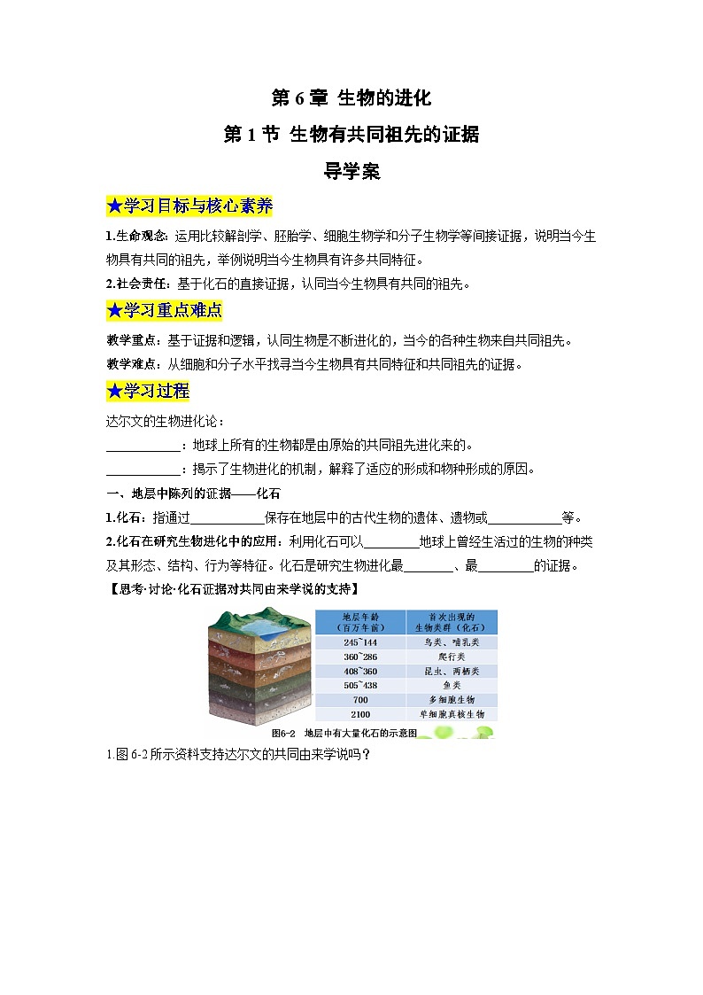 【同步导学】2024-2025学年高中生物高一下册(人教版·2019必修2)学案:6.1 生物有共同祖先的证据 (学生版)第1页