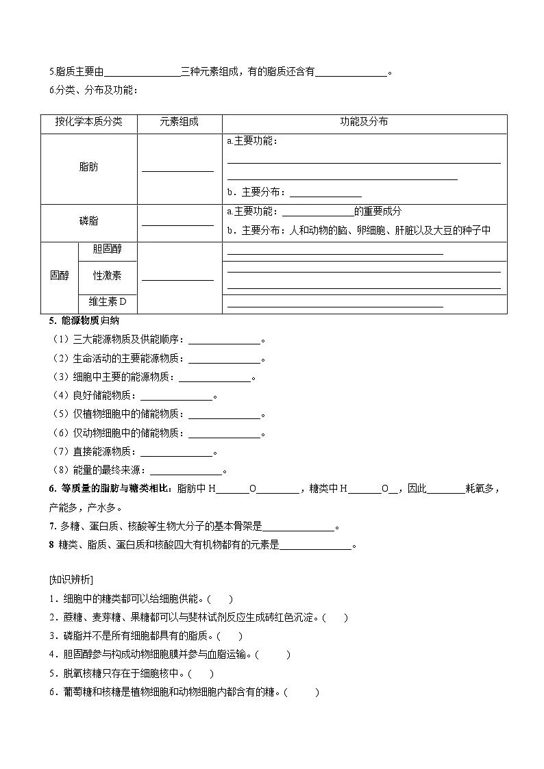 【高效课堂】高中生物2025-2026学年同步层级训练:2.3 细胞中的糖类和脂质(学生版)-人教版(2019)必修1第2页