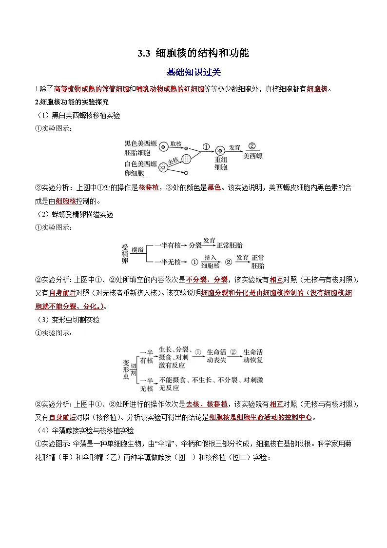 【高效课堂】高中生物2025-2026学年同步层级训练:3.3 细胞核的结构和功能(教师版)-人教版(2019)必修1第1页