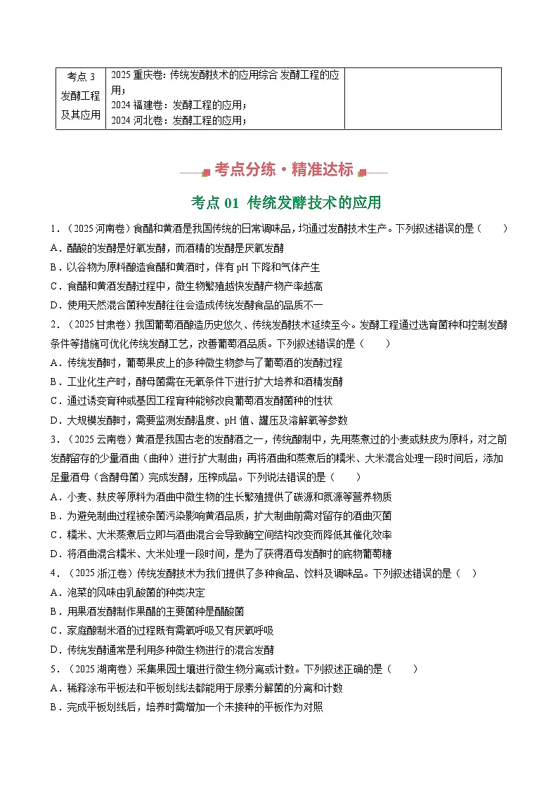 备战2026年高考精品试题汇编 生物 专题16 发酵工程(原卷版)第3页