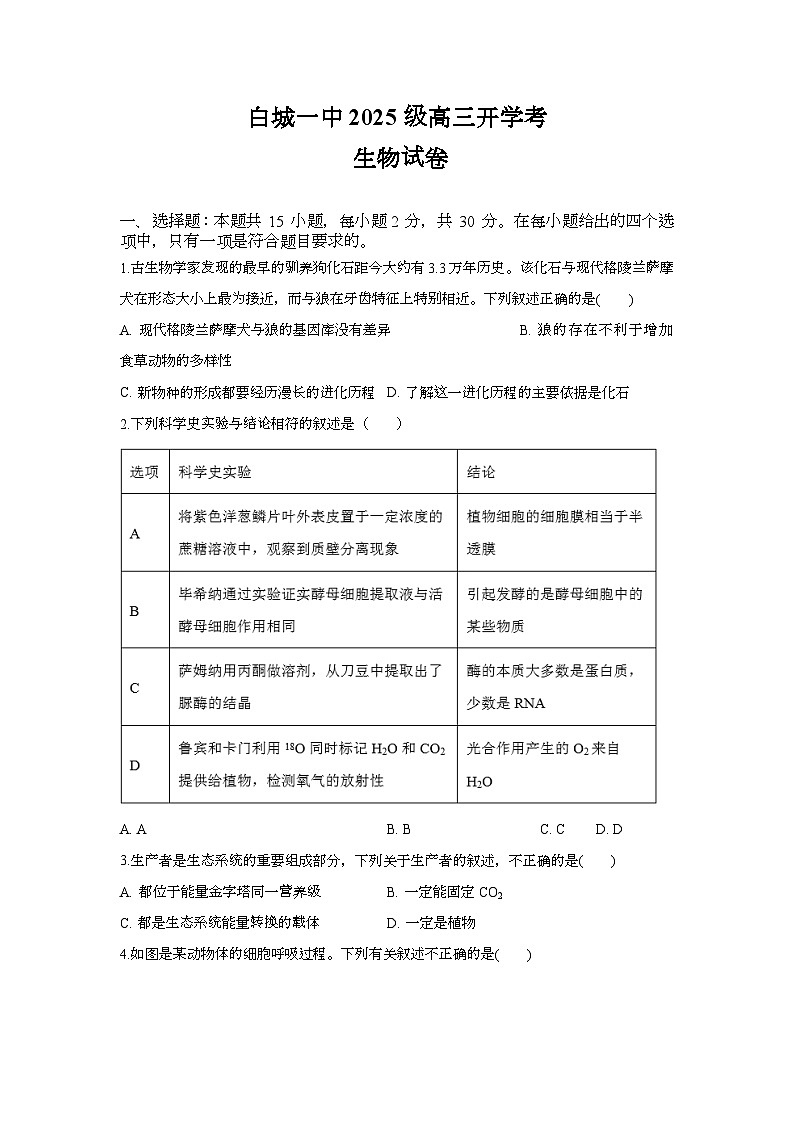 吉林省白城市洮北区白城市第一中学2025-2026学年高三上学期开学生物试题第1页