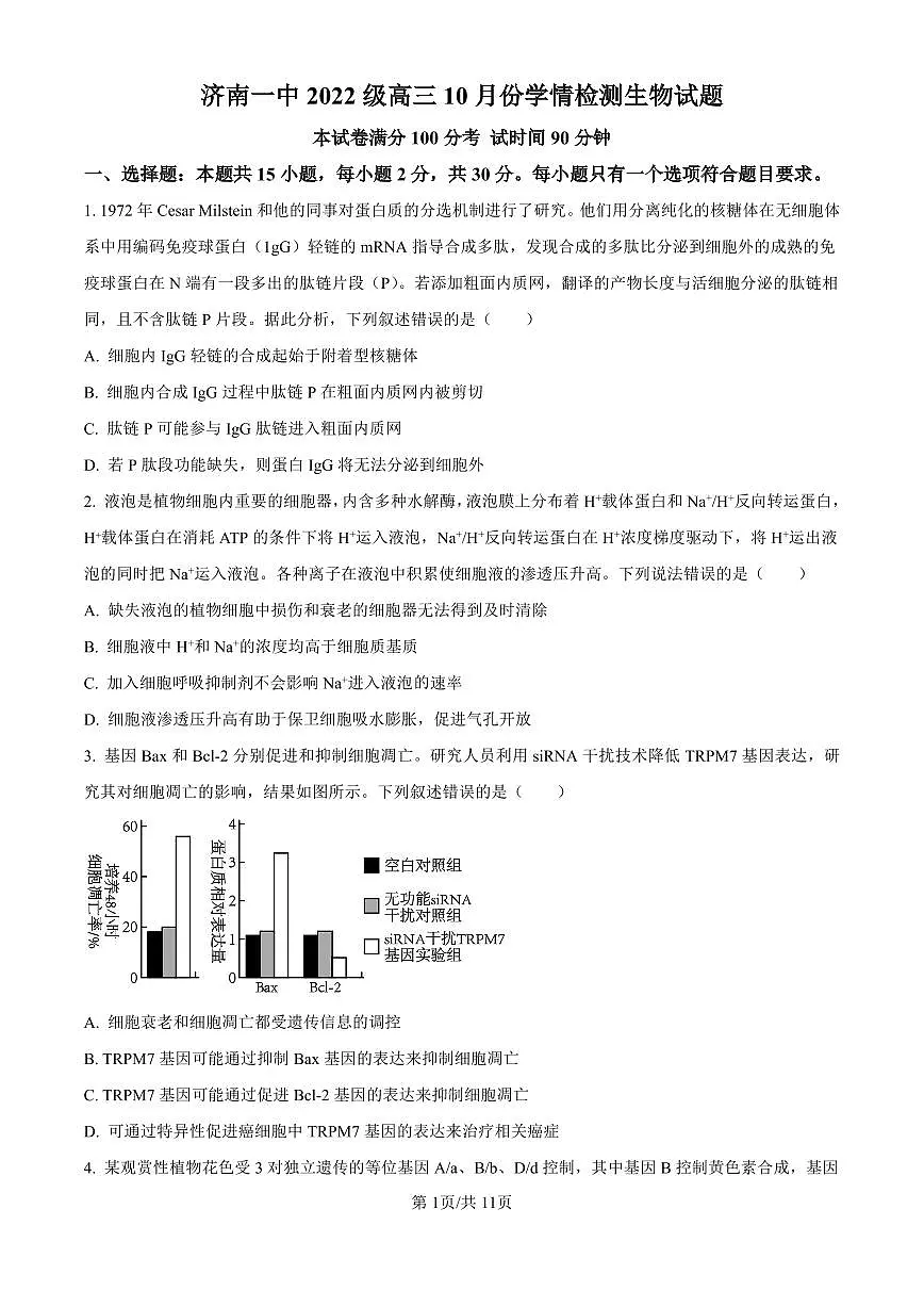 精品解析:山东省济南市第一中学2024-2025学年高三上学期10月月考生物试题(原卷版)第1页