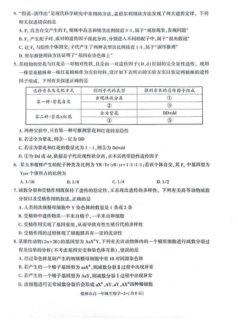 陕西省榆林市普通高中2024-2025学年高一下学期期末检测生物试卷第2页