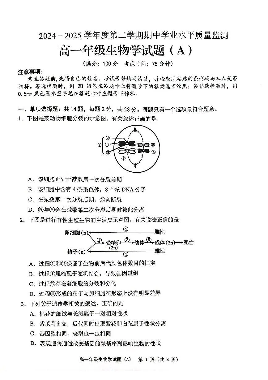 江苏省连云港市赣榆区2024-2025学年高一下学期4月期中考试生物试卷+答案第1页
