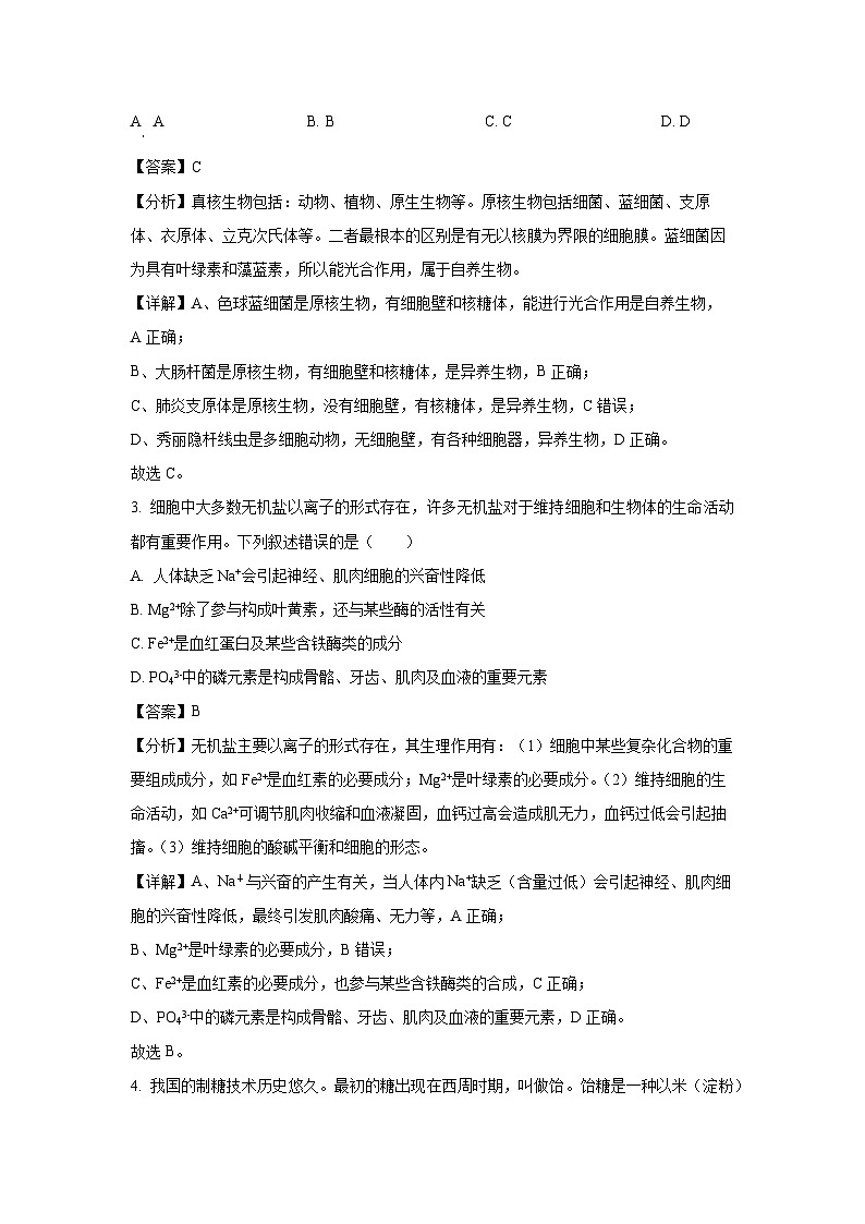 【生物】湖北省新高考联考协作体2023-2024学年高一上学期期末试题(解析版)第2页