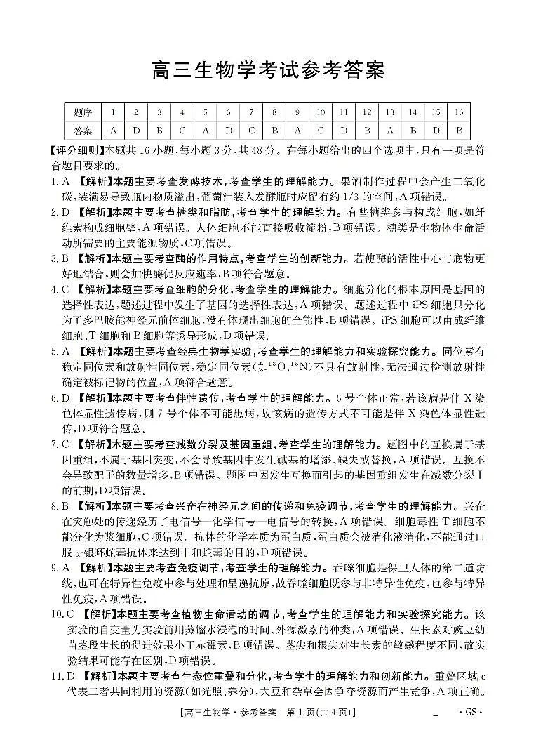 甘肃省部分学校2026届高三8月开学联考 生物答案第1页