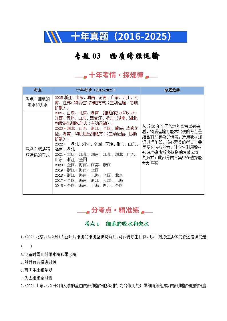 专题03 物质跨膜运输(原卷版)第1页