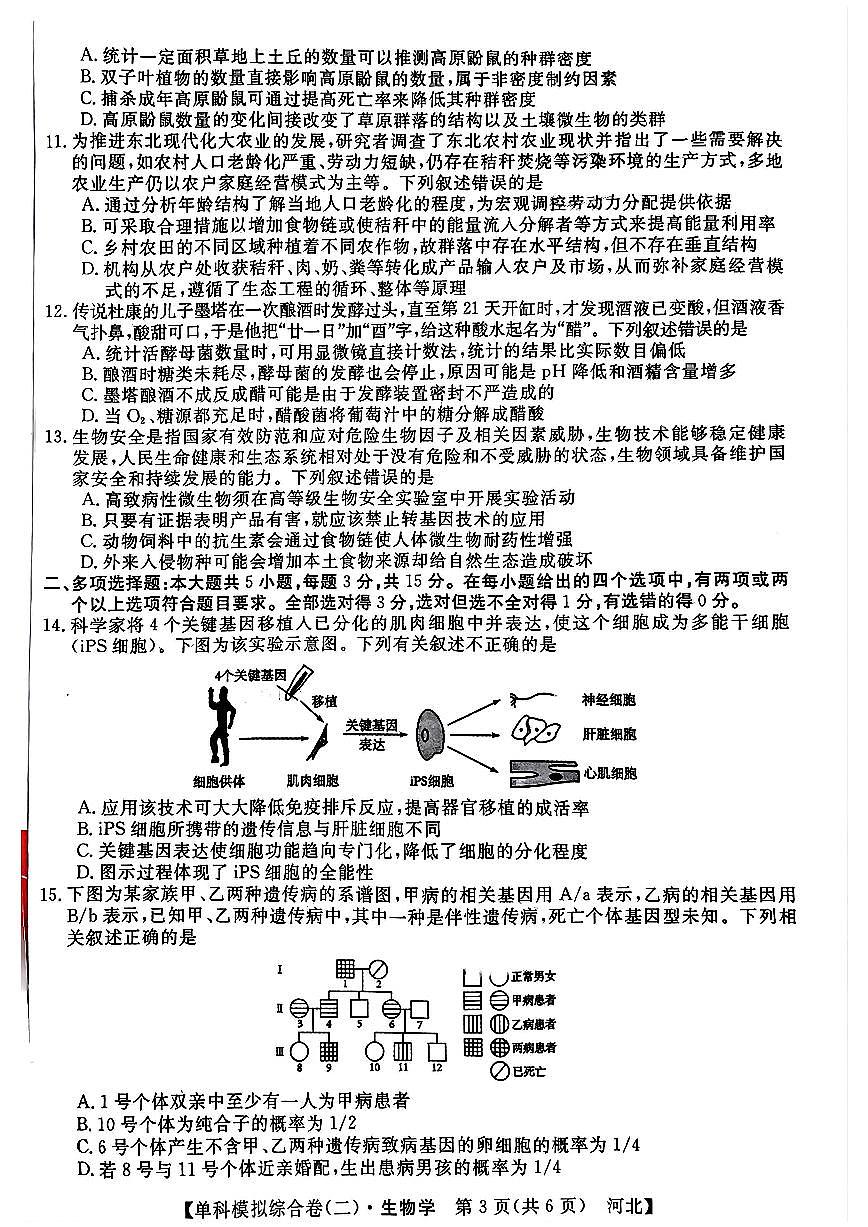 河北省2025届高三上学期新高考单科模拟综合卷(二)生物试卷+答案第3页