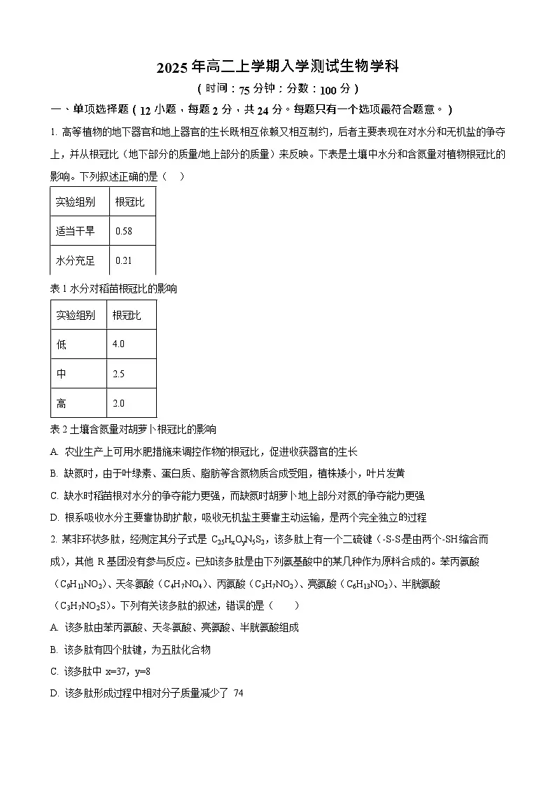 湖南省岳阳市颐华高级中学2025-2026学年高二上学期入学考试生物试卷第1页