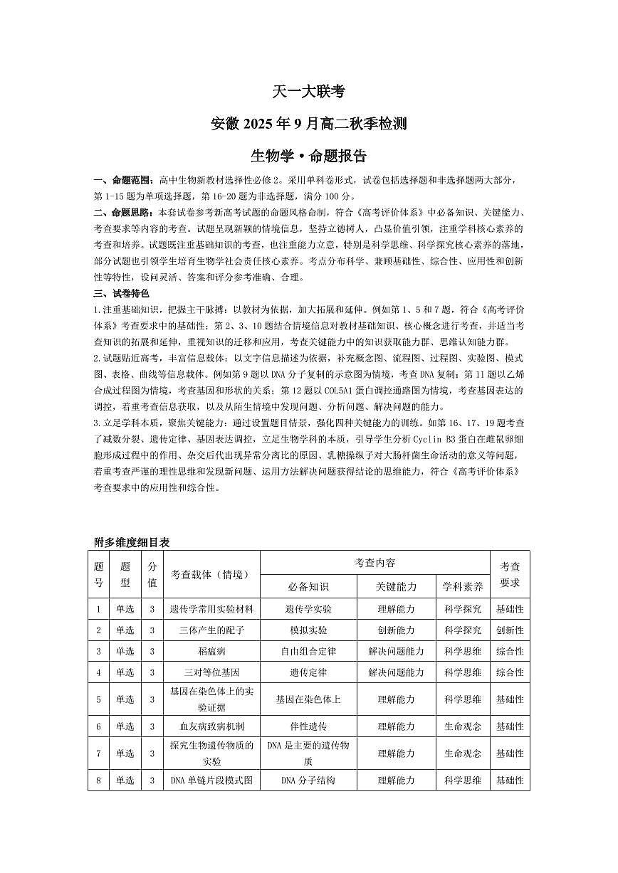 生物学安徽高二9月秋季检测命题报告第1页