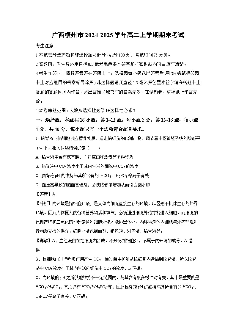 广西梧州市2024-2025学年高二上学期期末考试生物试题(解析版)第1页
