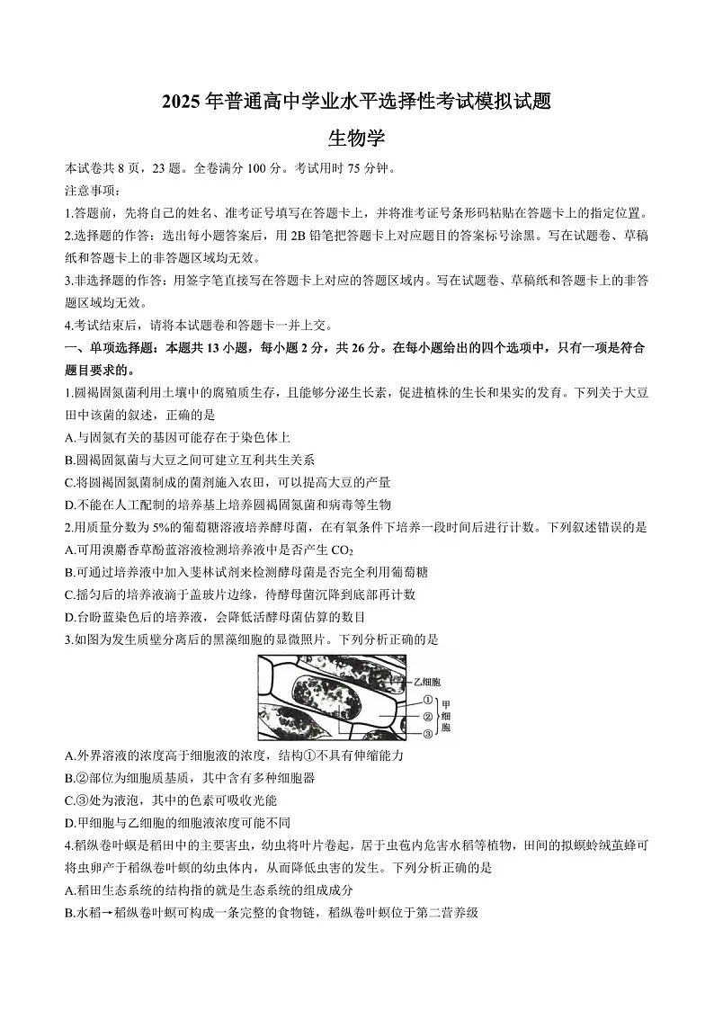 2025届河北省沧州市运东五校高三下学期11月期中考-生物试卷(含答案)第1页